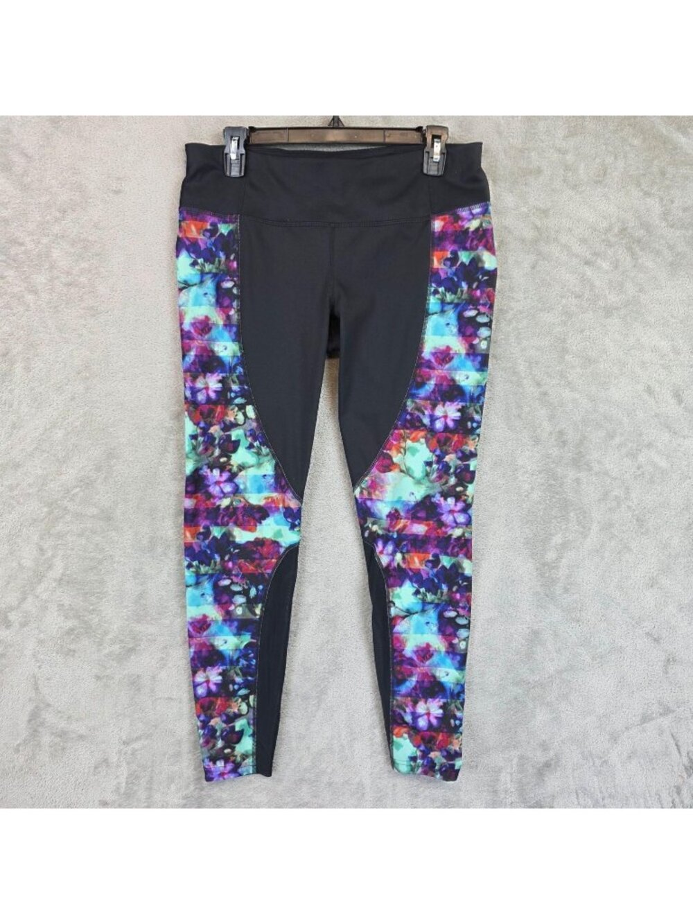 Athleta Leggings Womens L Black Multicolor Floral Ankle Zip Pocket Running Yoga